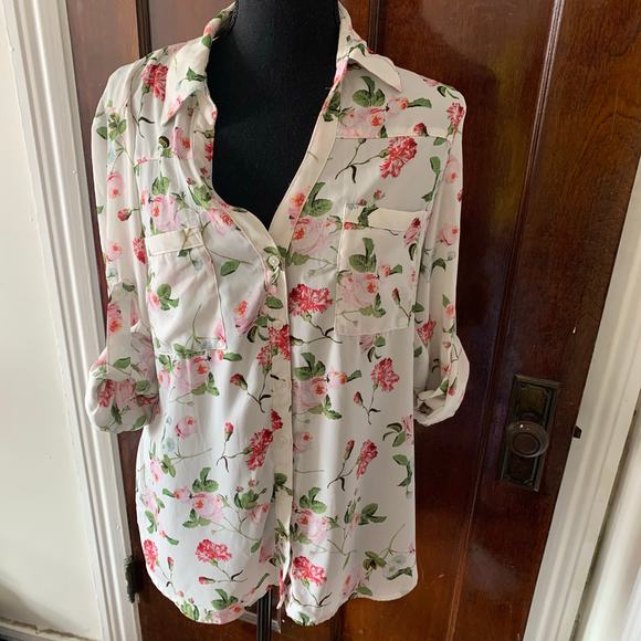Express White Chiffon Collared Button Down White Floral Shirt LARGE Roll Tab - Picture 4 of 16